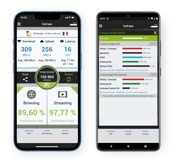 To smartphones, der viser testforbindelsesanalyser